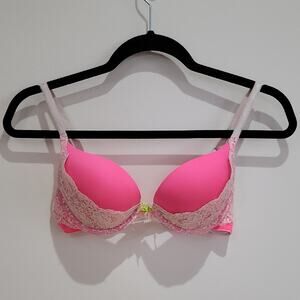 Victoria's Secret Dream Angels Plunge Bra Neon Pink Lace 34A